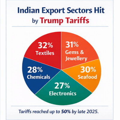 Pie chart showing Indian export sectors most impacted by Trump tariffs, including textiles, gems & jewellery, seafood, chemicals, and electronics