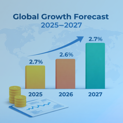 World Bank global growth forecast 2025–2027 with bar charts for 2.7%, 2.6%, and 2.7% and coins symbolising economic growth outlook