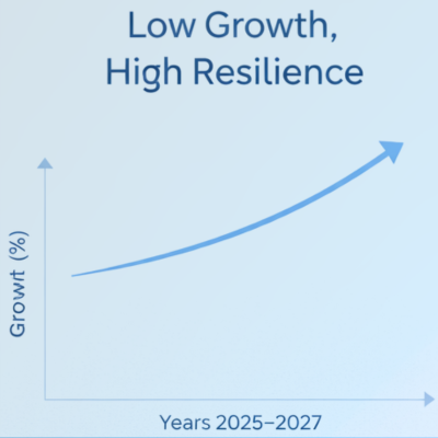 Low Growth, High Resilience' with a slow upward trend from 2025 to 2027.