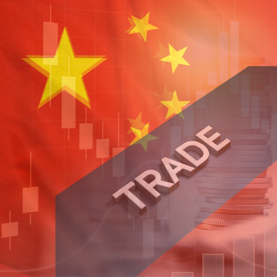 World map highlighting China trade surplus with arrows to ASEAN, Africa, and EU export markets