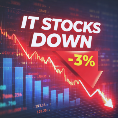 IT stocks down graphic showing market decline chart with 3% drop indicator