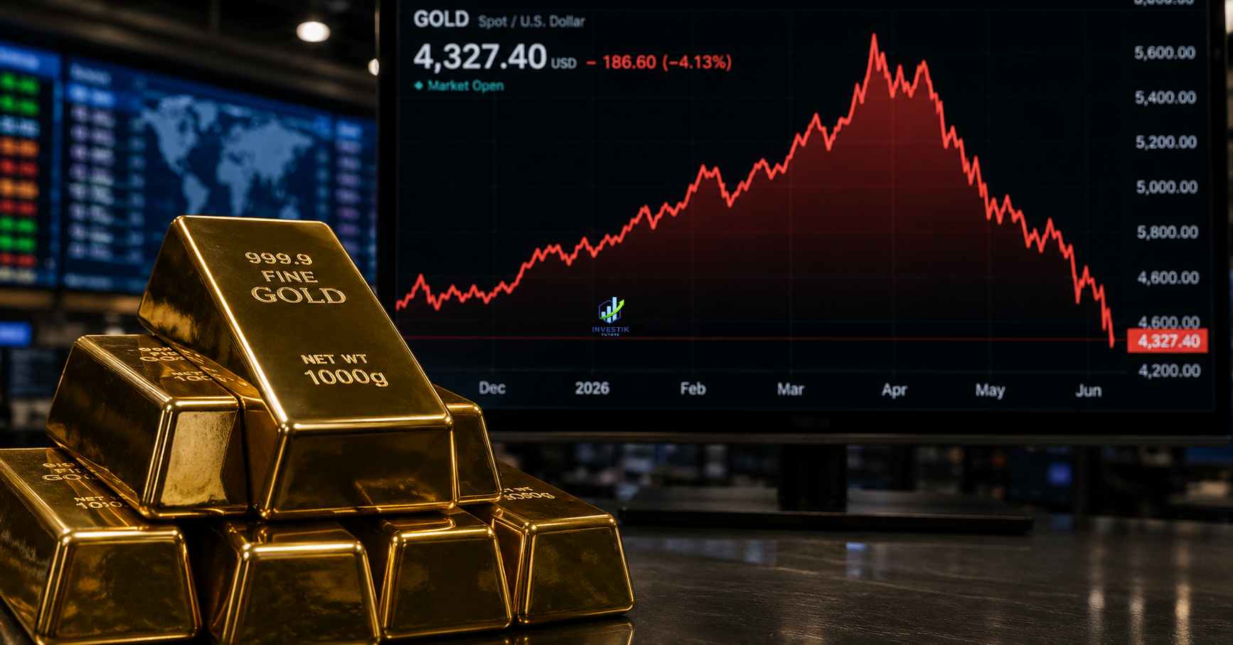 Gold price volatility kitco news world gold price chart June 2026 showing sharp correction from all-time high with Kitco analyst forecasts