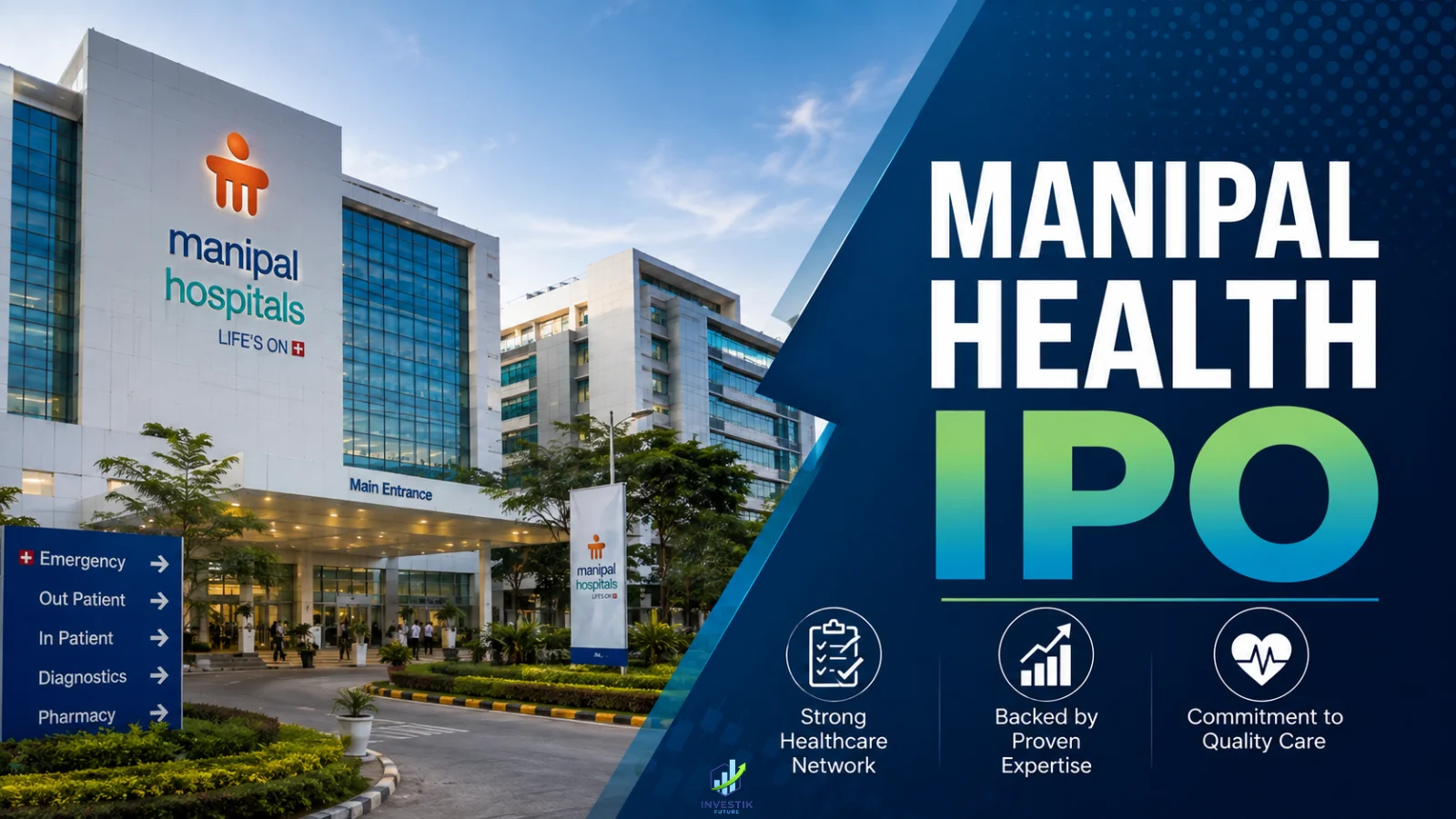 Modern Manipal Hospitals campus with a Manipal Health IPO overlay, representing the company's public offering and IPO updates for investors.