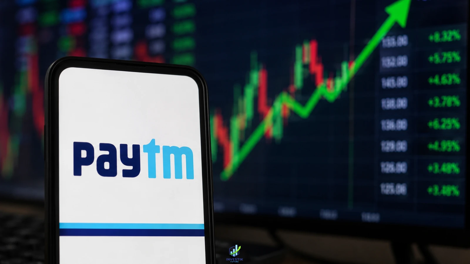 Paytm shares surge 10% as the Paytm logo appears on a smartphone with an upward-trending stock market chart in the background.