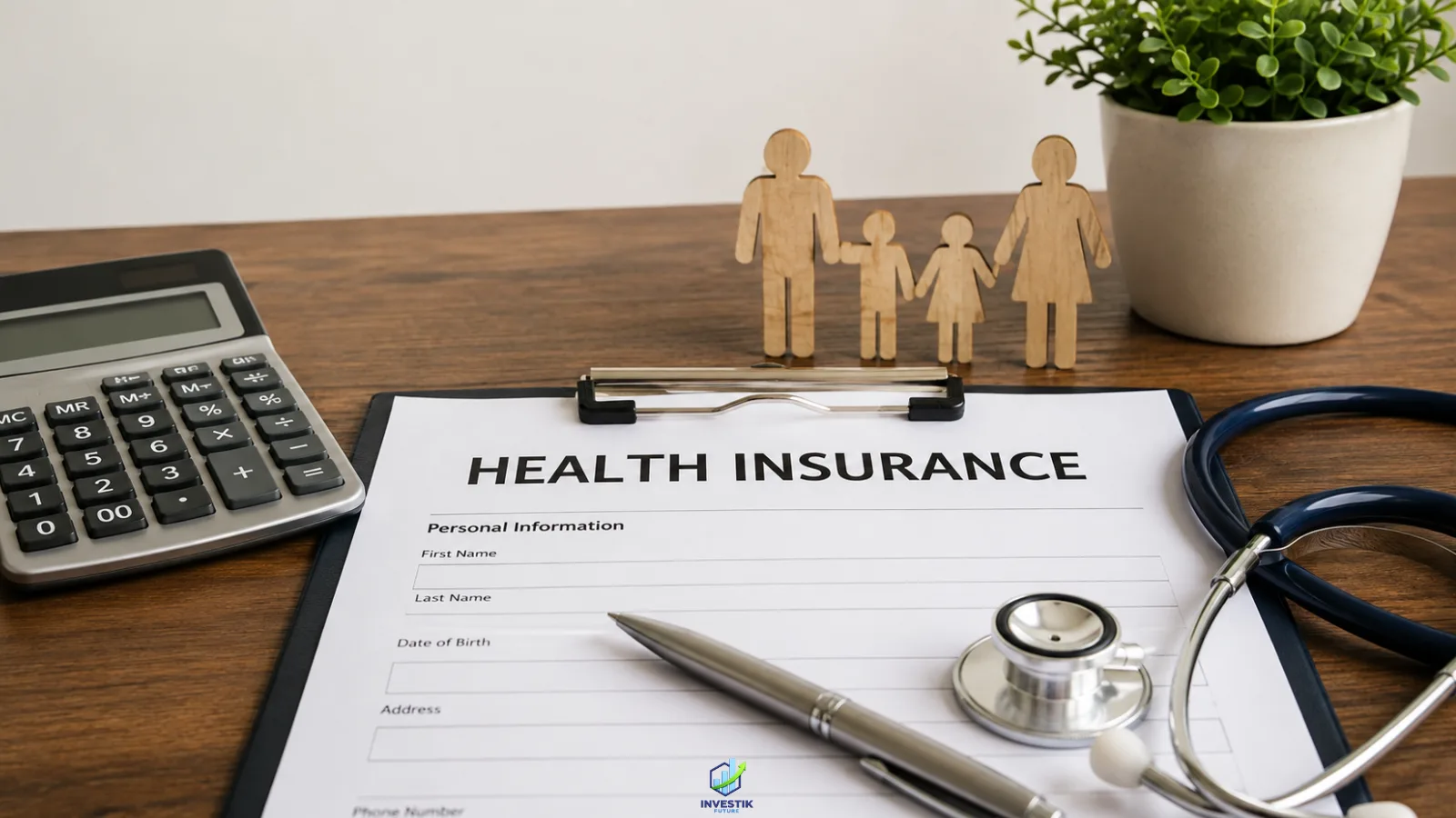 Health insurance policy form with a stethoscope, calculator and wooden family figures