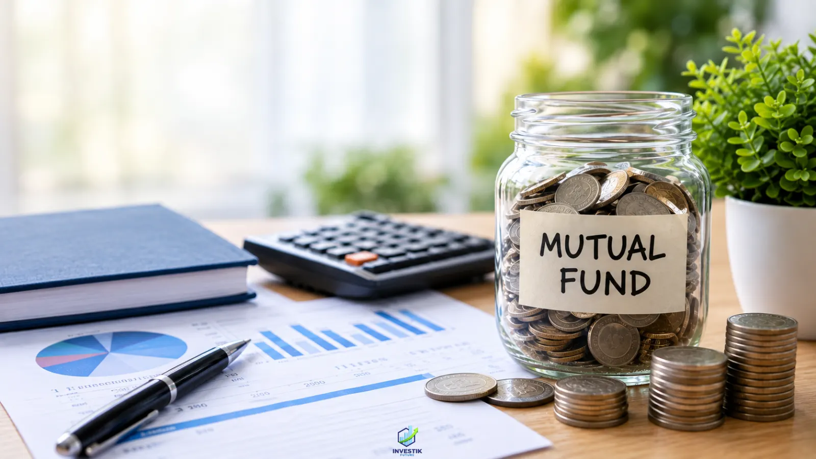 Best Mutual funds investment concept with a coin-filled jar labeled “Mutual Fund” on a financial desk