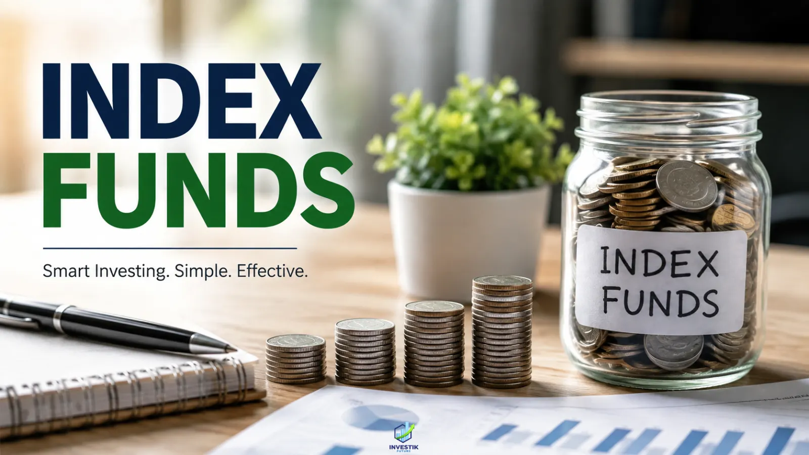 What is an Index fund investment concept with “INDEX FUNDS” text, coins, savings jar and financial chart