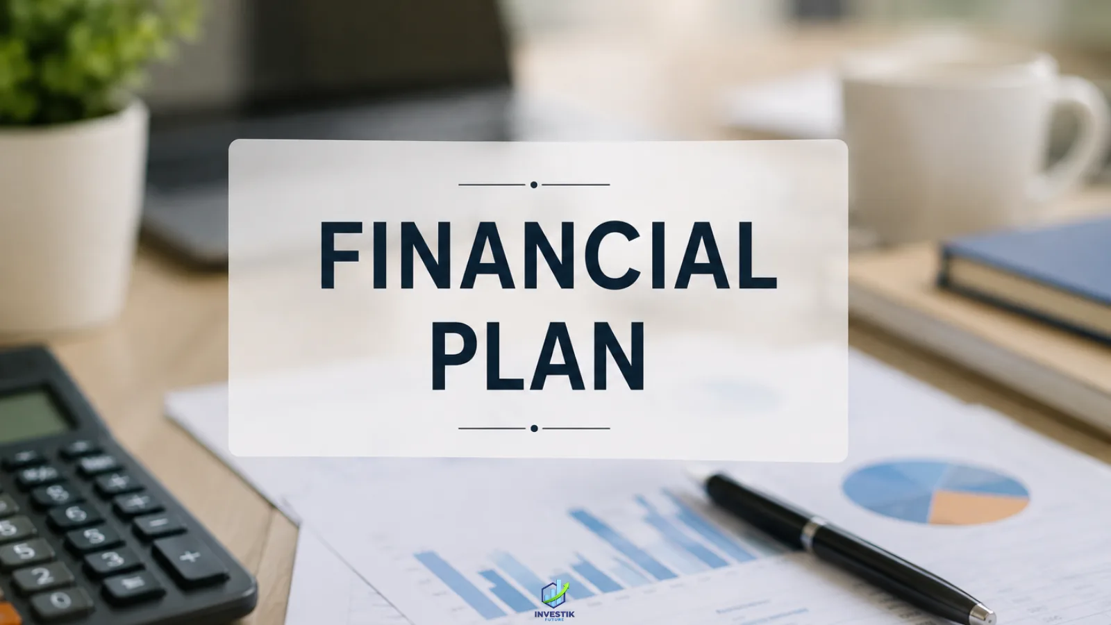 Financial planning concept with a blurred financial workspace and “FINANCIAL PLAN” text