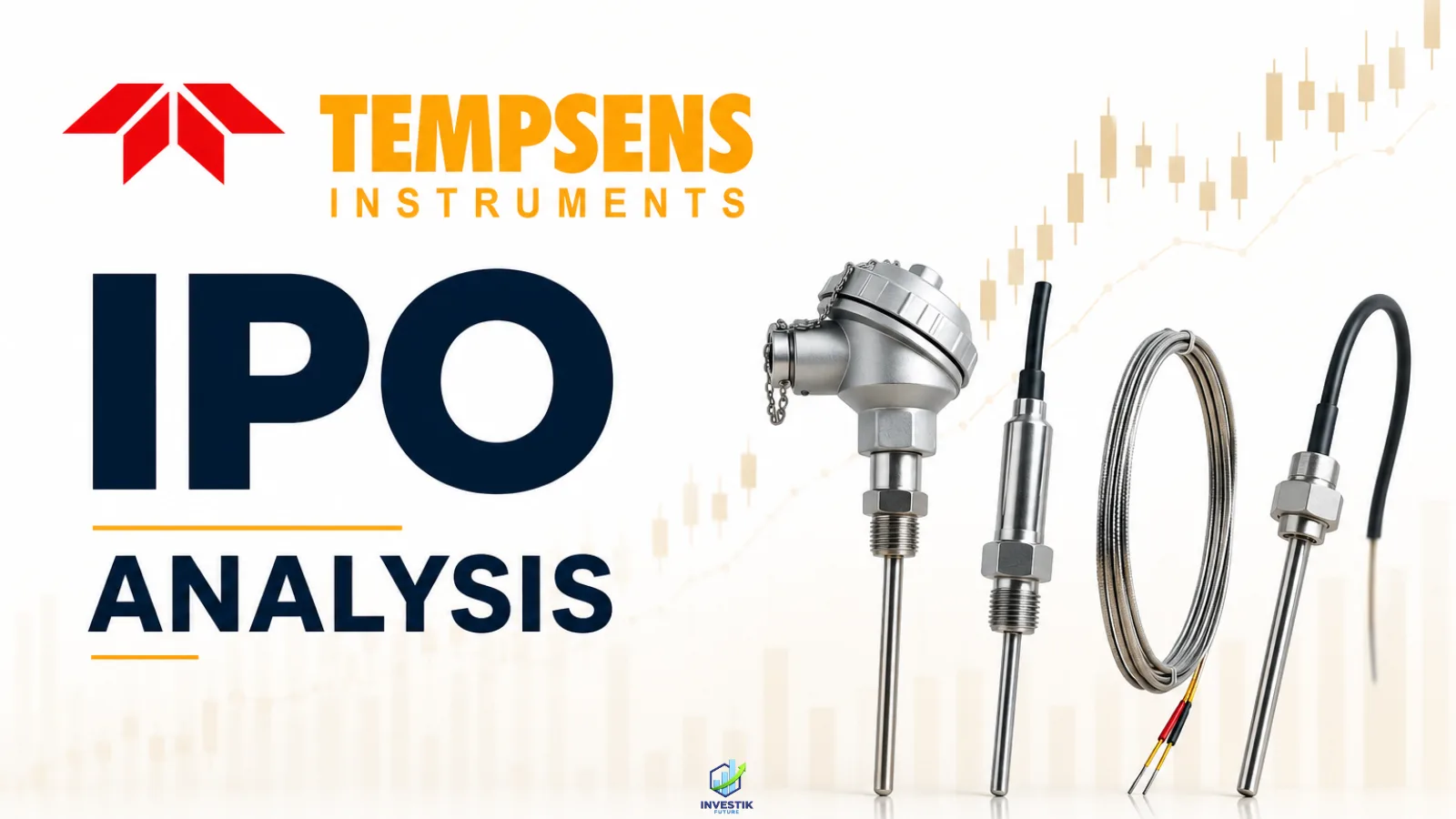 Tempsens Instruments IPO analysis with the company logo, industrial temperature sensors and a financial market chart