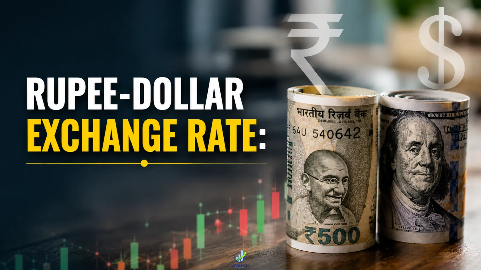 Rupee-dollar exchange rate shown with Indian rupee and US dollar notes and market charts