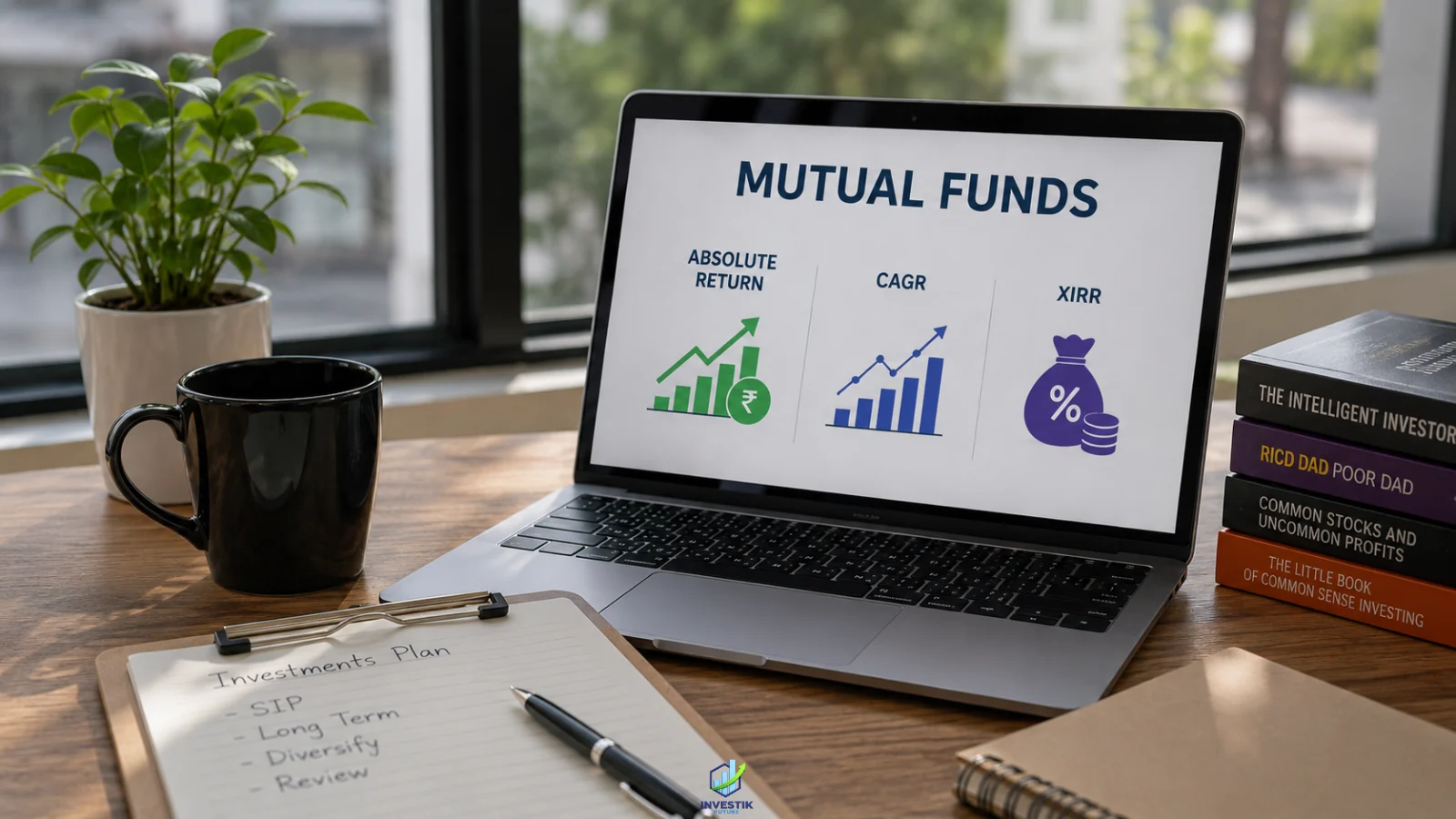Workspace with a laptop displaying mutual fund returns, including Absolute Return, CAGR, and XIRR, explaining how mutual fund returns are calculated.