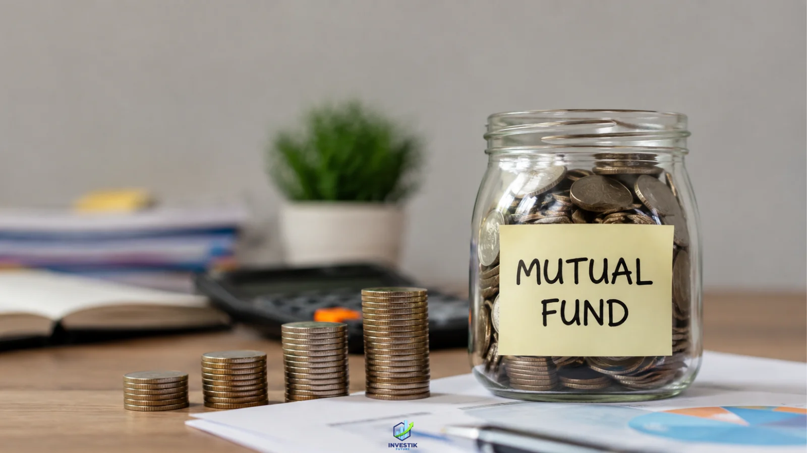 India’s mutual fund industry growth represented by rising stacks of coins and a jar filled with money