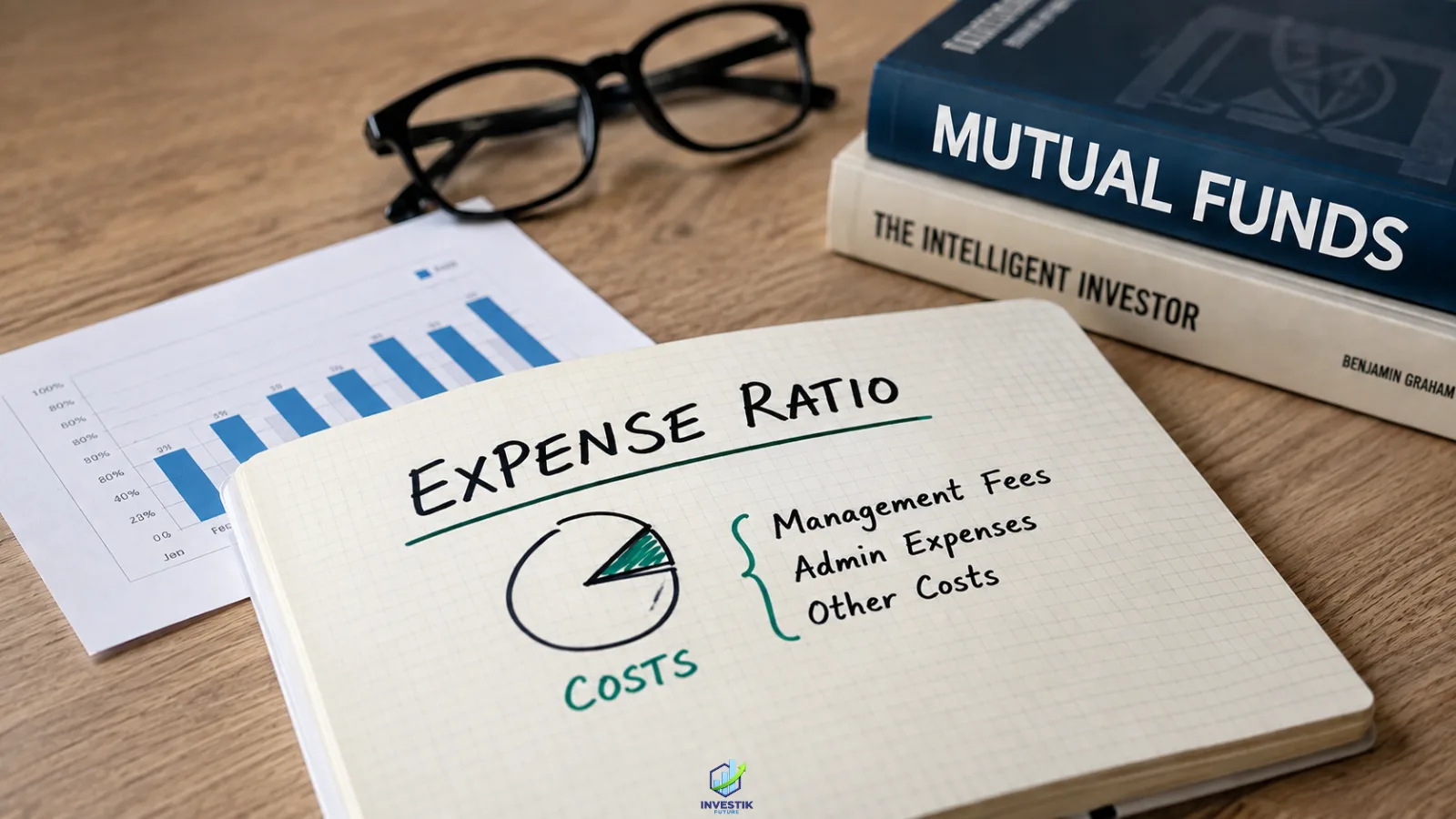Notebook explaining the expense ratio in mutual funds alongside investment books and financial charts, illustrating how expense ratio affects long-term returns.