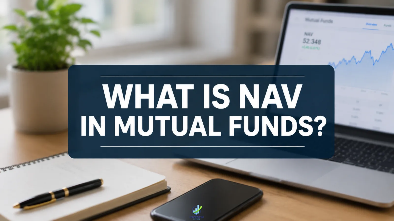 Lead image illustrating what NAV in mutual funds means with a laptop showing investment data and the overlay text "What Is NAV in Mutual Funds?"