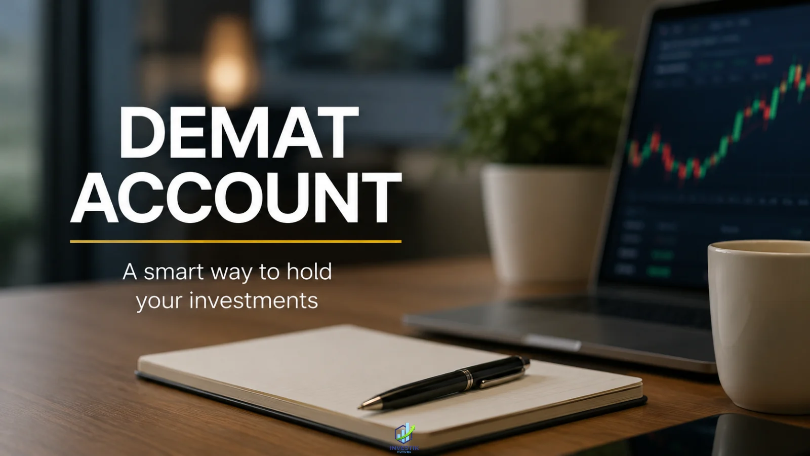 Lead image for a Demat account guide featuring a modern investment workspace with the overlay text "Demat Account" and a blurred stock market background.