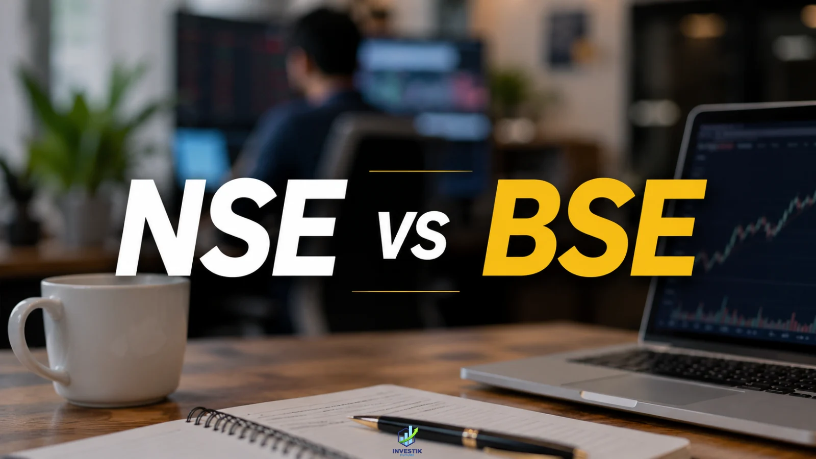 Lead image for an NSE vs BSE guide featuring the overlay text "NSE vs BSE" on a realistic stock market workspace with a blurred office background.