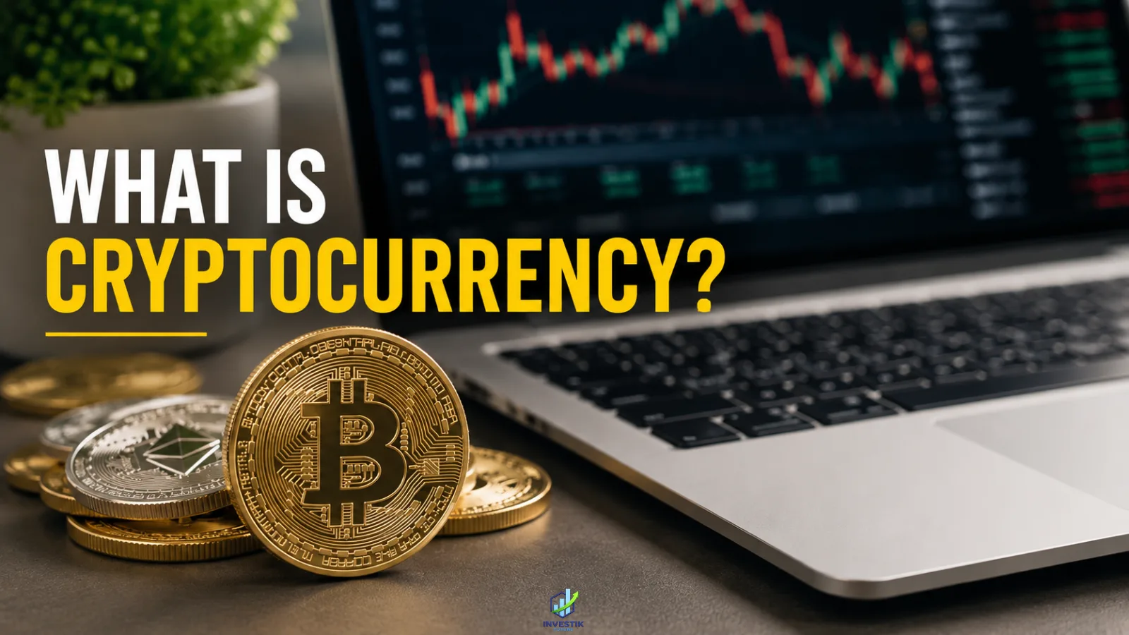 What is cryptocurrency explained with Bitcoin, Ethereum and a laptop showing crypto charts