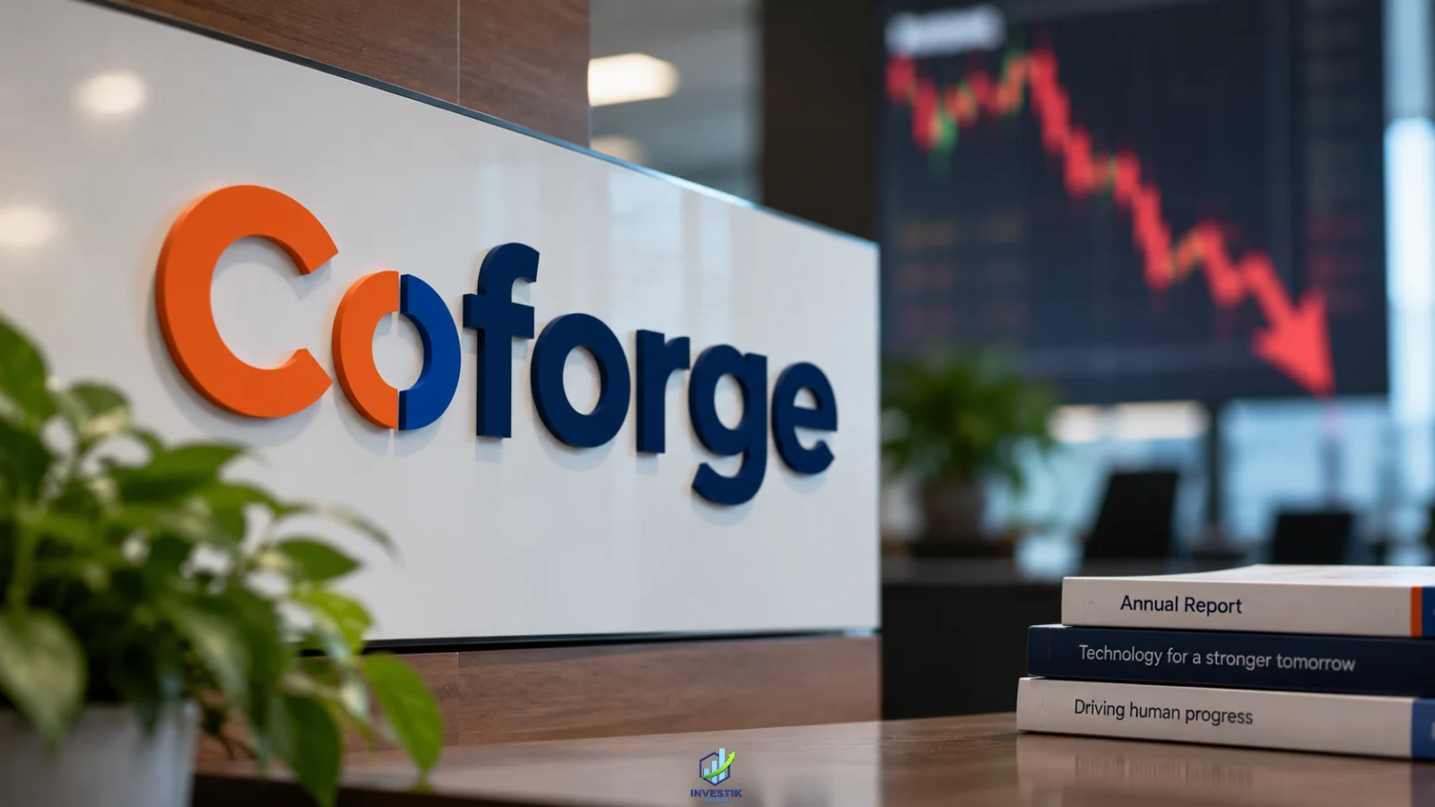 Coforge share price fall shown with the Coforge logo and a blurred declining stock market chart