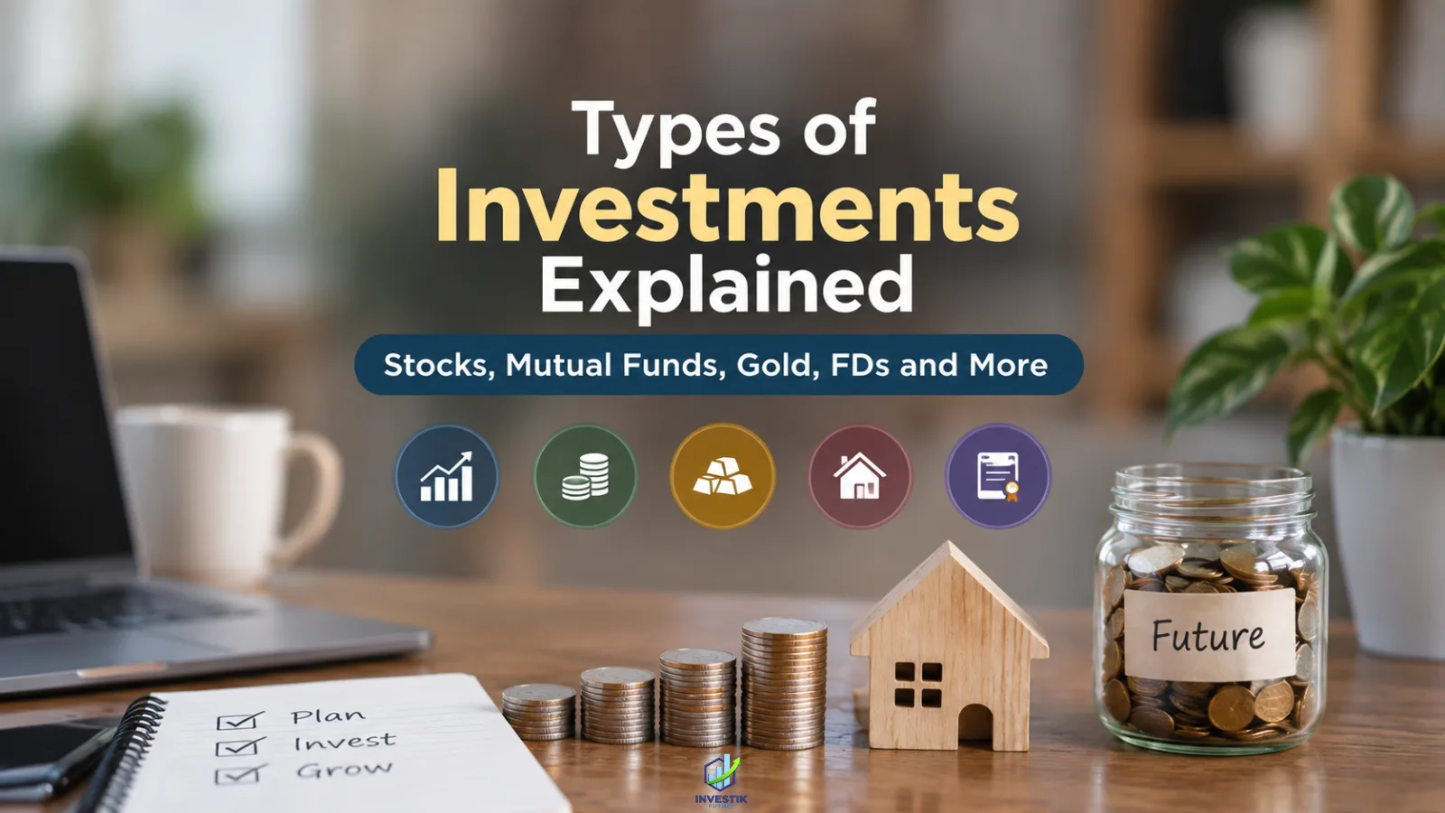 Types of investments including stocks, mutual funds, gold, FDs and other investment options