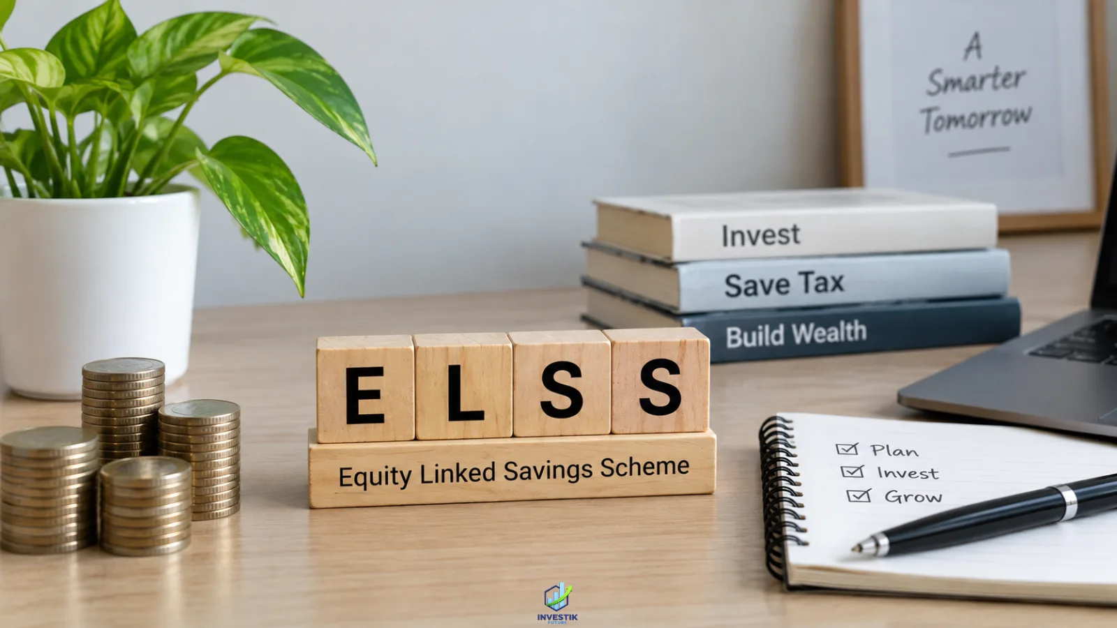 ELSS mutual fund investment concept with ELSS blocks, coins and financial planning notes