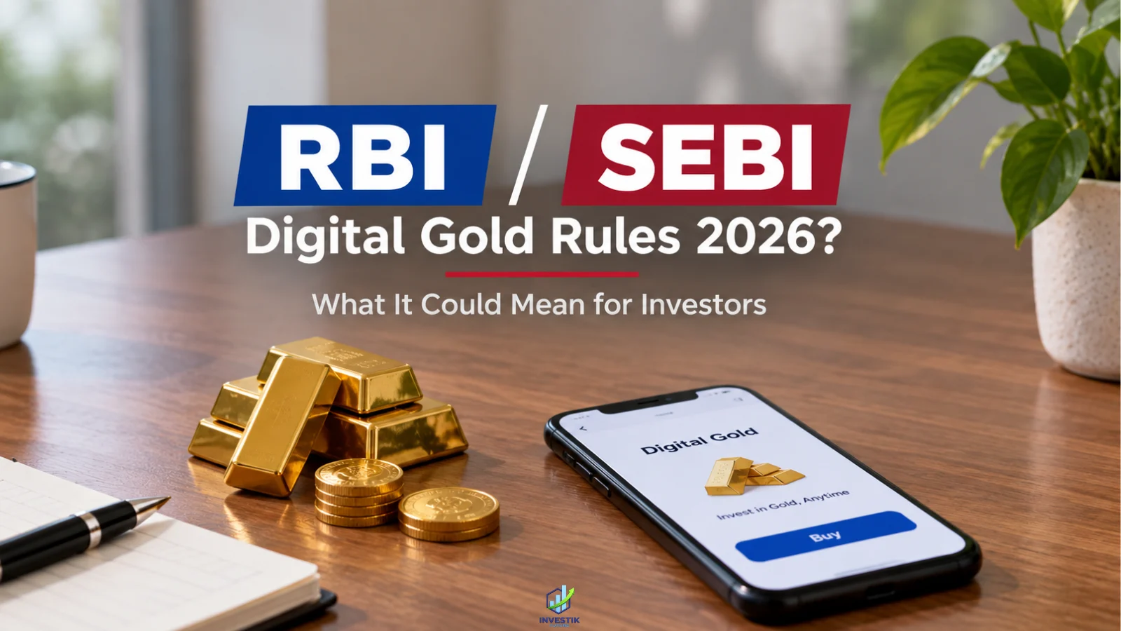 Digital Gold Rules 2026 with RBI and SEBI, gold bars and a smartphone showing digital gold