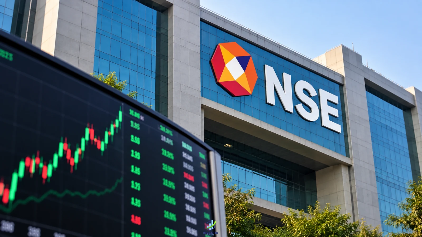 NSE share price shown with the NSE building and stock market trading screen