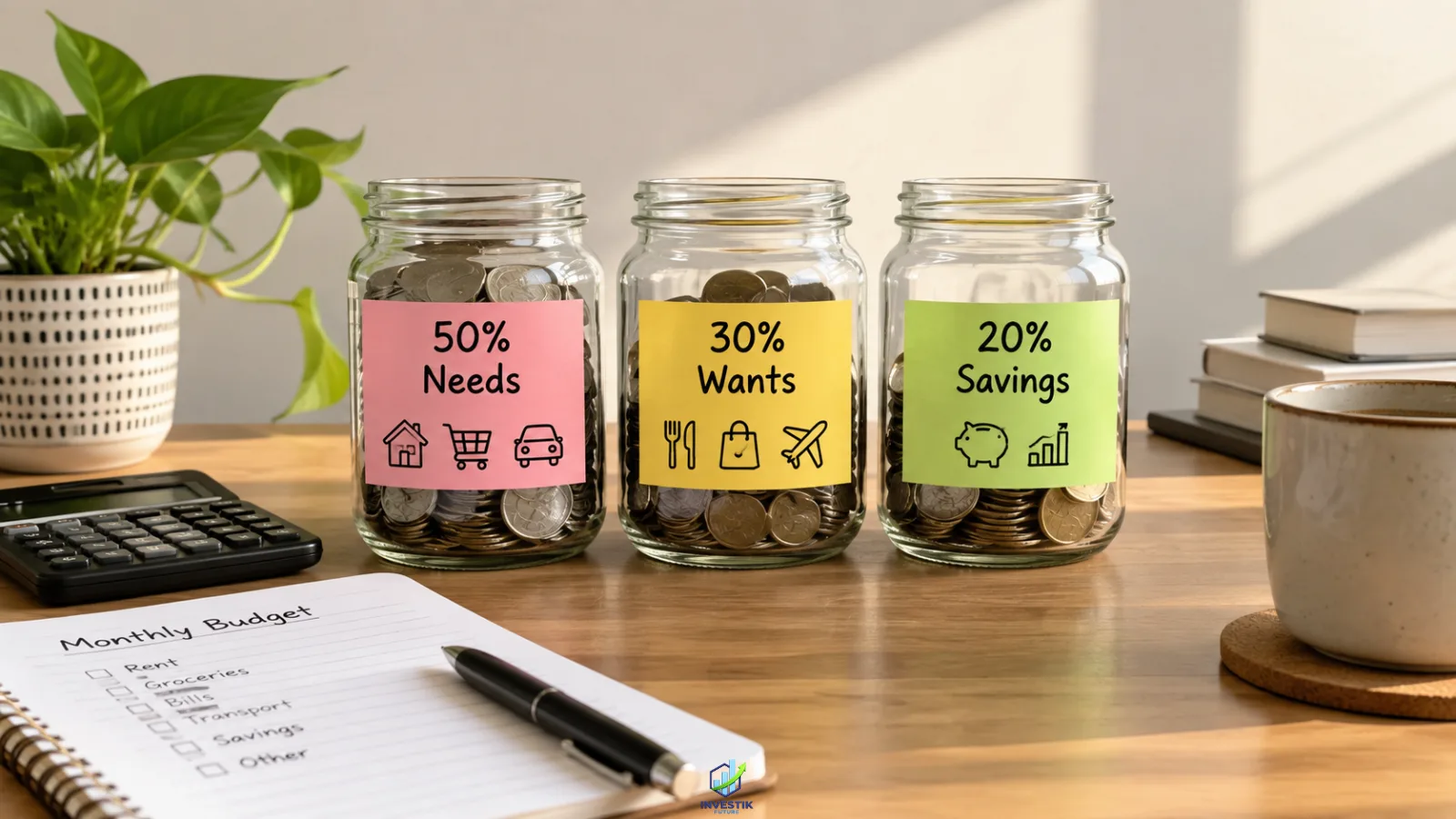 50/30/20 budget rule with jars showing needs, wants and savings on a home finance desk