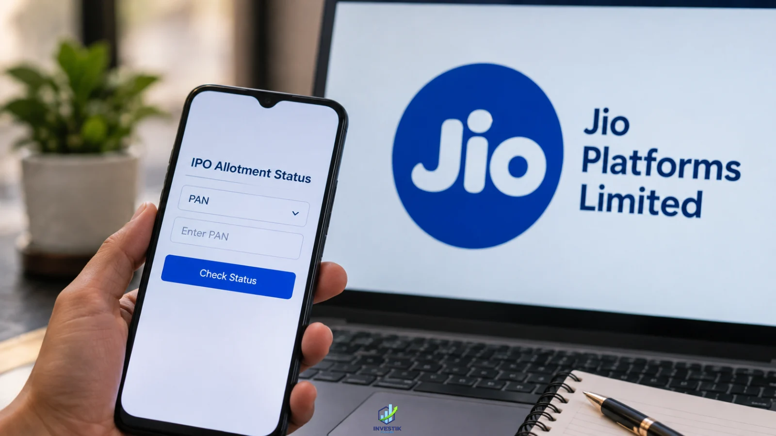 Jio Platforms IPO allotment status displayed on a smartphone beside a laptop showing the Jio Platforms Limited logo.