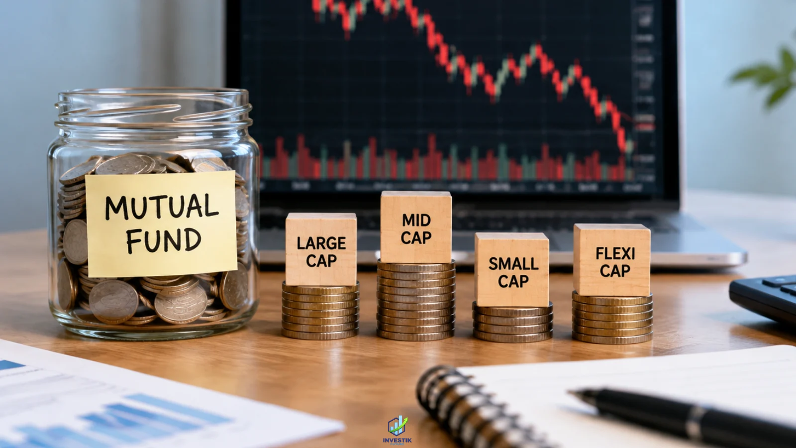 Equity mutual fund categories represented by coin stacks and a falling stock market chart.